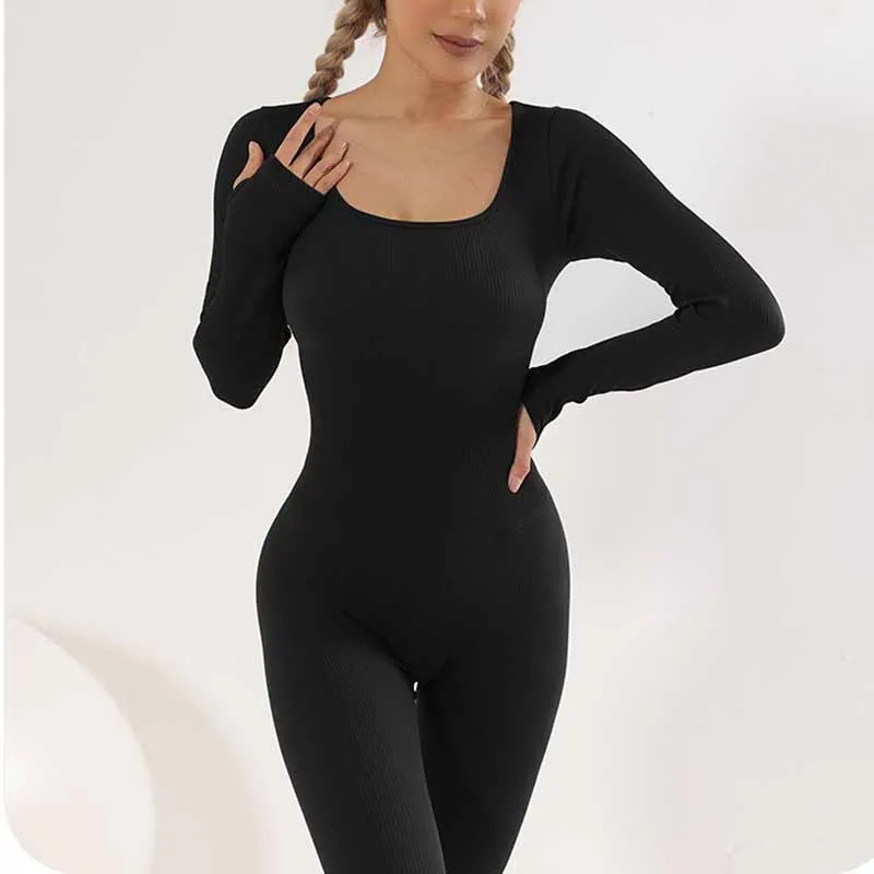 

Women Solid Color Bodycon Jumpsuit Women Sporty Rompers Spring Autumn Fitness Long Sleeve Elastic One Piece Yoga Set