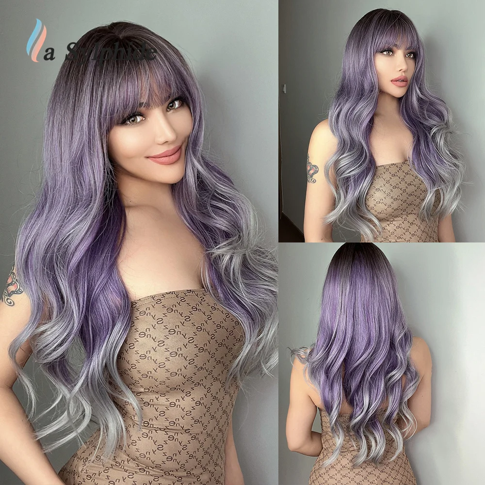 La Sylphide Synthetic Wig Long Wavy Purple To Ash Wigs with Bangs Heat Resistant for White Black Woman Cosplay Daily Party
