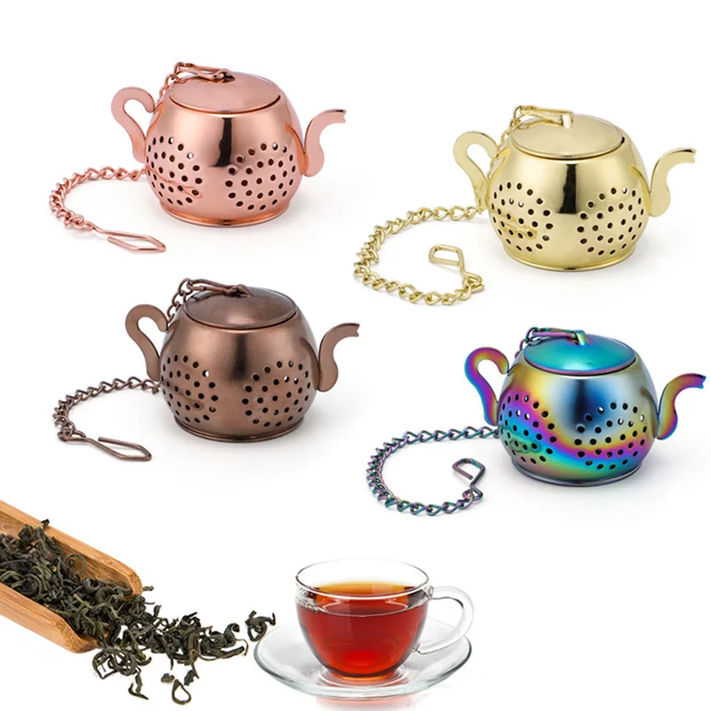 Tea Filter Strainer Tea Infuser Spice Creative Stainless Steel Tea Leak Leaf Tea Maker Strainer With Chain Cute Teapot Shape images - 6