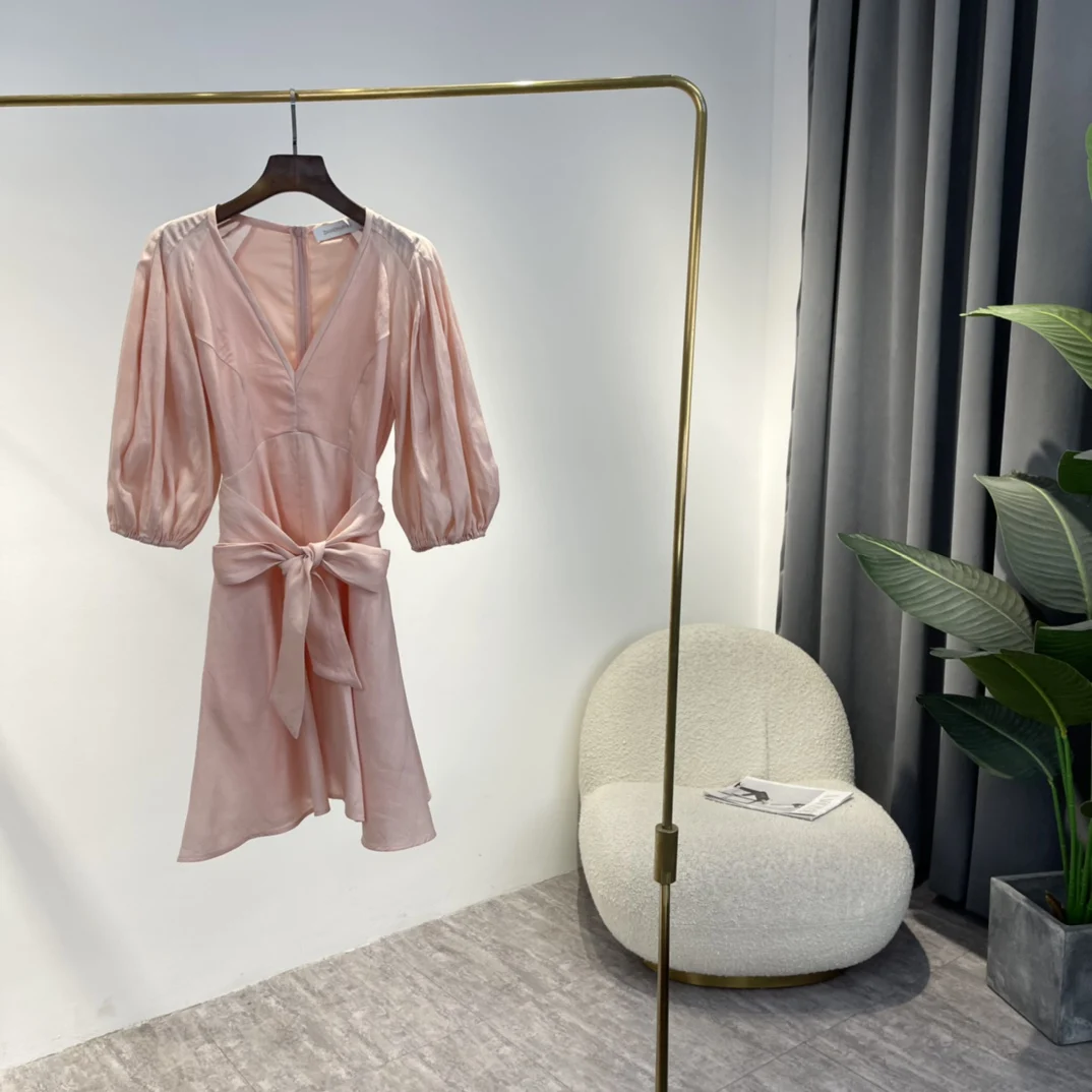 

Designer Top Quality Linen Clothing 2022 New Spring Half Lantern Sleeve V-neck Pink Mini Waist Dress With Fabric Belt