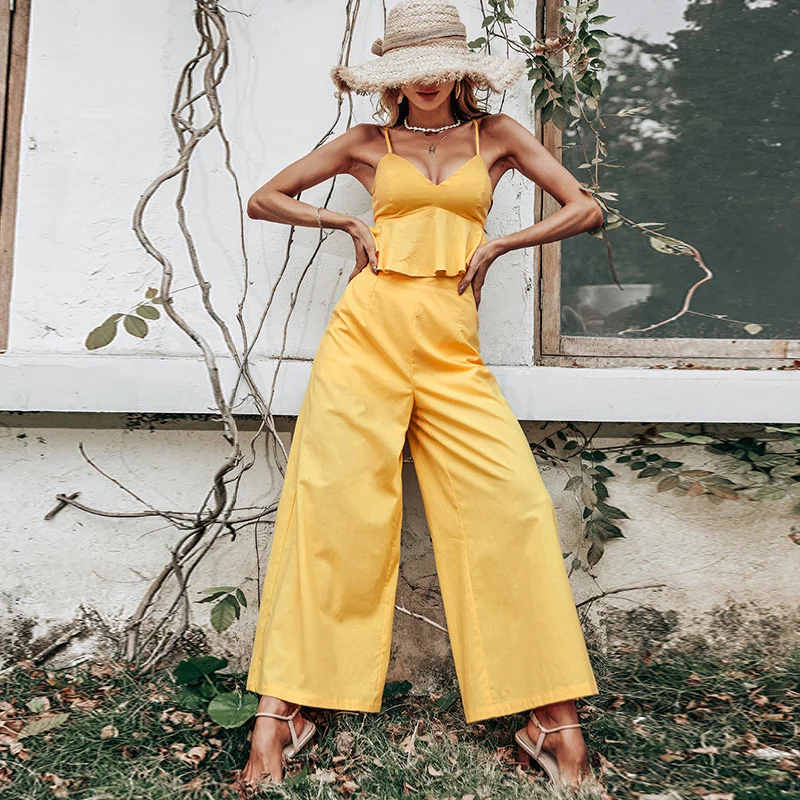 

Crop Top Women Pants Two-piece Sets 2022 Summer New Yellow Vest Top Open Back Sexy Suspender Casual Street Fashion Ladies Suit