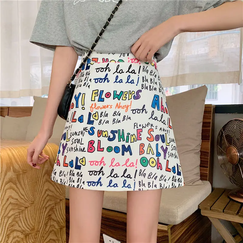 

2021 Womens New High Waist A-line Skirt Cartoon Letter Graffiti Korean Kawaii Skirt Fashion Student Skirt Sweet and Cute