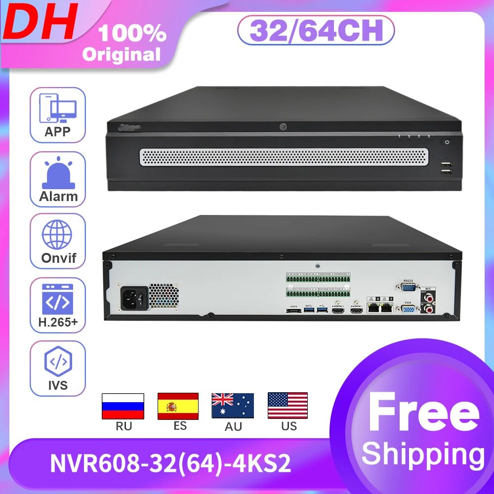 

Original DH NVR 4K 32CH 64Canais NVR608-32-4KS2 NVR608-64-4KS2 Surveillance Video Recorder H.265+ IVS AI Search SMD Plus