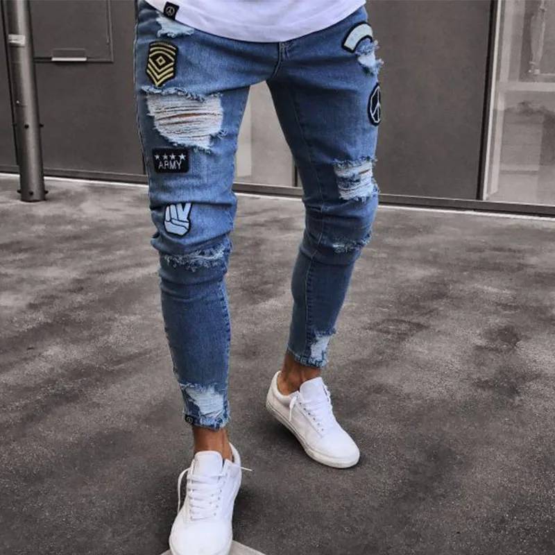 Men's Jeans Stretchy Ripped Skinny Biker Embroidery Cartoon Print Jeans Fashion Personality High Quality Jean Y2K Homme