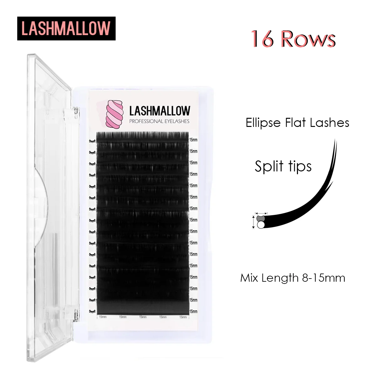 

Lashmallow 16 Rows Mix 8-15mm Flat Ellipse Eyelash Extensions Split Tips Soft Matte Black Lightweight Individual Lash Extension