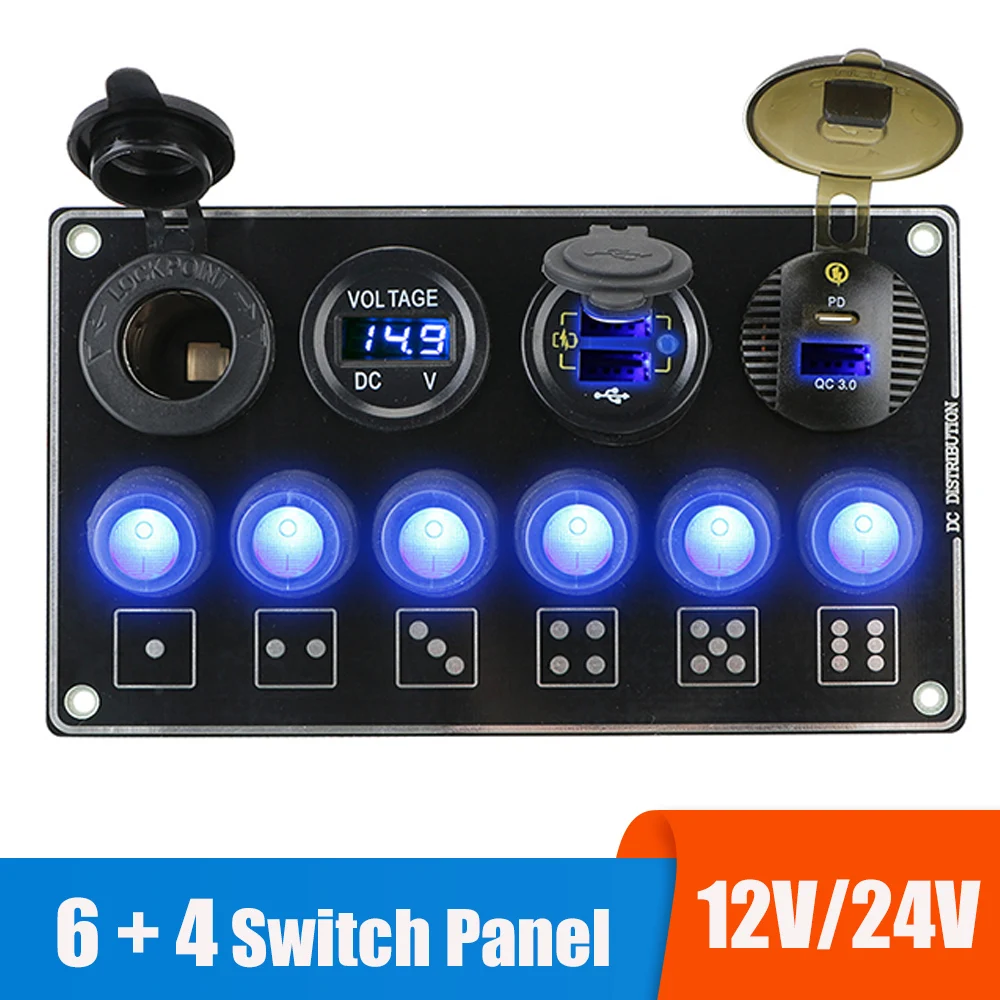 

24V 12V 6 Buttons Light Toggle LED Switch Panel PD USB Charger Volt Test Car Power Adapter For Caravan Boat Marine Trailer Truck