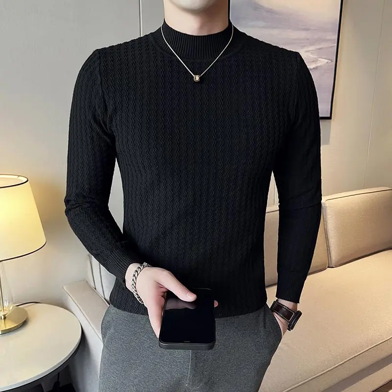 2023 New Men's Jacquard Half Turtleneck Stylish Casual Thick Warm Pullover Men's Winter Sturdy Knit Sweater
