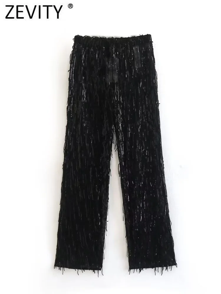 

Женские модные брюки Zevity с блестками и кисточками, повседневные широкие брюки в стиле пэчворк, женские длинные брюки, брюки для женщин P3030