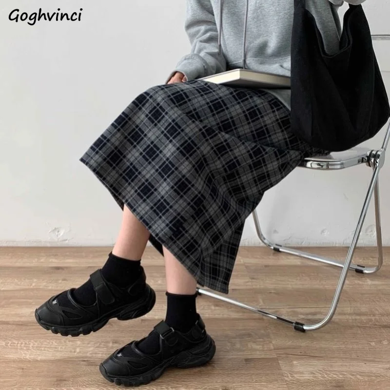 

Spring Woolen Plaid Skirts Women Mid-calf Vintage Mori-girls Elastic Waist Slim Students Daily Empire All-match Faldas Gentle