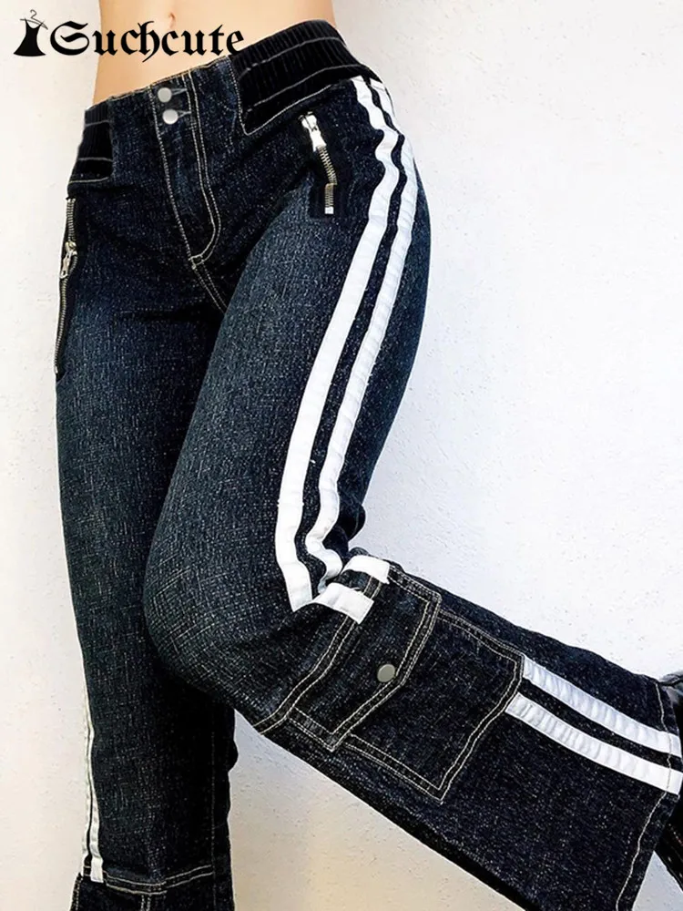 

SUCHCUTE Streetwear Fashion Side Stripe Patchwork Straight Jeans Women Safari Style Pockets Up Denim Pants Low Waist Bottoms