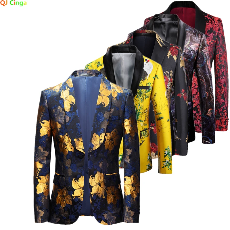 

Autumn Men Luxurious Jacquard Yellow Gold Slim Fit Blazers Chinese Style Fashion Casual Suit Jacket Signers Clothing