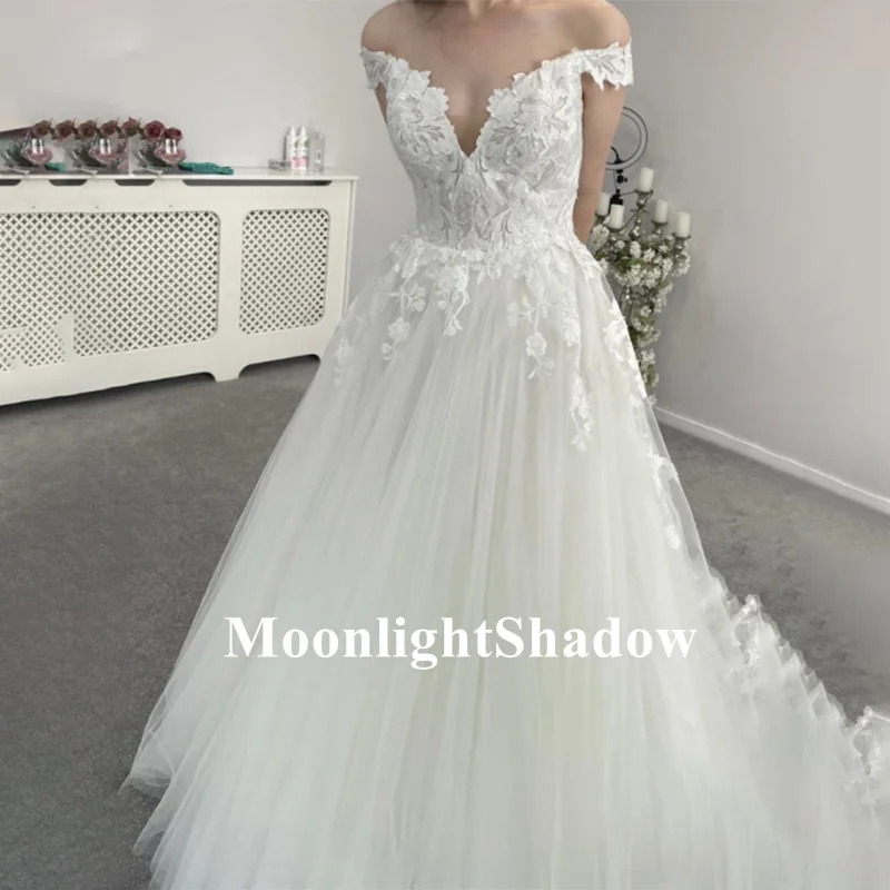 

Женское свадебное платье с открытыми плечами MoonlightShadow, кружевное ТРАПЕЦИЕВИДНОЕ платье без рукавов, платье невесты