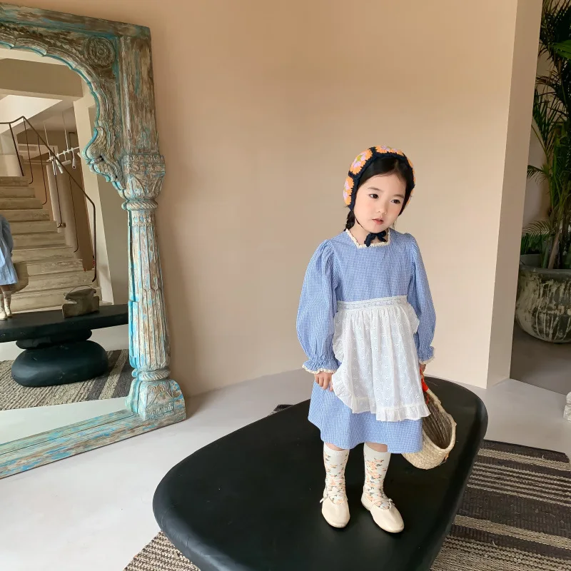Платье для девочек новая весенне-осенняя кружевная клетчатая юбка в стиле ретро