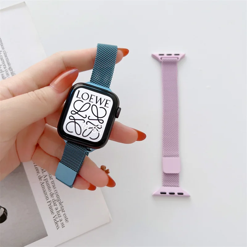 Slim magnetic loop For Apple watch 7 band 41mm 45mm 38mm 42mm stainless steel bracelet iwatch series 3 4 5 6 se 40mm 44mm Strap