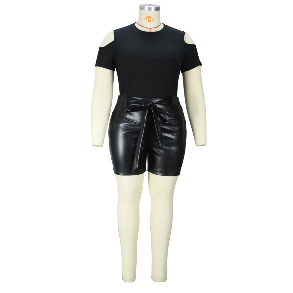 Plus Size Sets Fashion Women's Solid Color Off Shoulder Top Sexy Hip Bag Leather Pants Suit Women Clothing 2 Pieces Set Slim