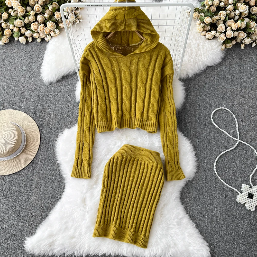 

Модный женский костюм, повседневный свободный свитер с капюшоном и завязками и вязаной юбкой с высокой талией