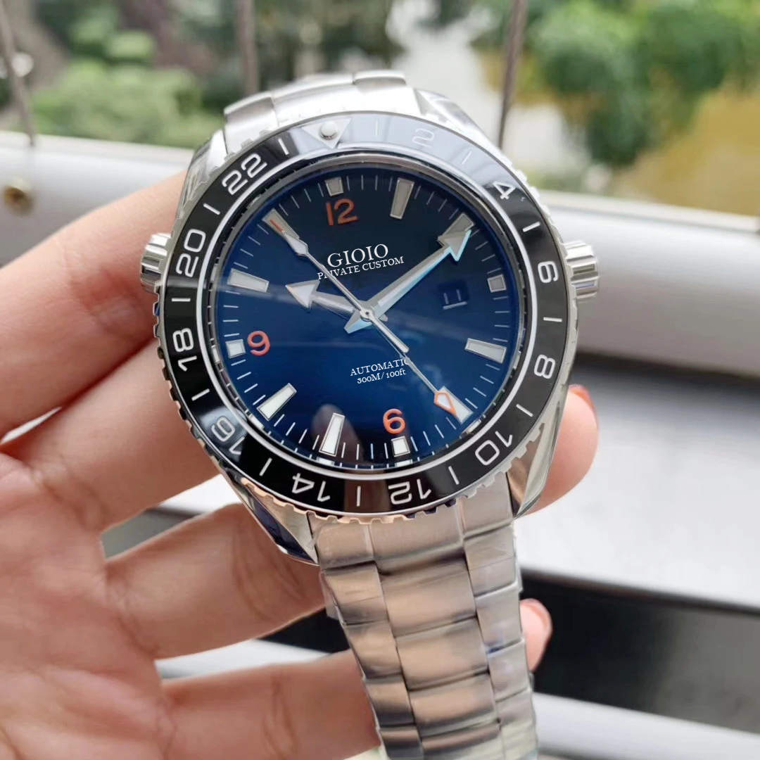 

Мужские автоматические механические часы GMT резиновые синие керамические черные