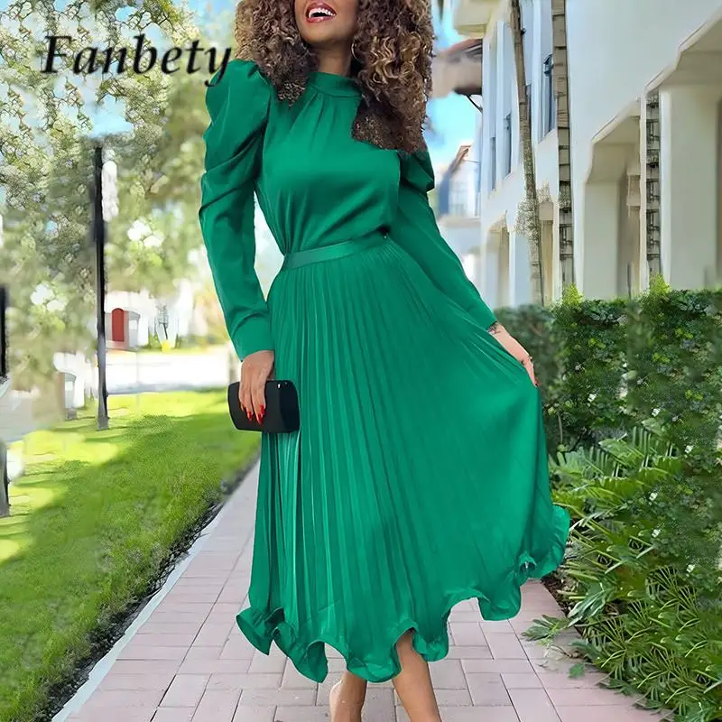 

2023 New Pleated Skirt Two-piece Set Autumn O Neck Long Sleeve Top and Long Skirt Set Ladies Solid Color Ruffled Holiday Outfits