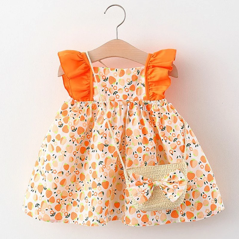 

2Piece Summer Outfit Children Clothing Infant Baby Girl Princess Beach Dress+Bag Flying Sleeve Cotton Printing Dress
