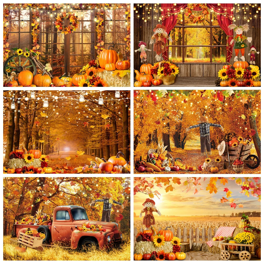 

Autumn Scenery Photography Backdrop Fall Farm Barn Haystack Maple Pumpkin Truck Thanksgiving Baby Portrait Photo Background Prop