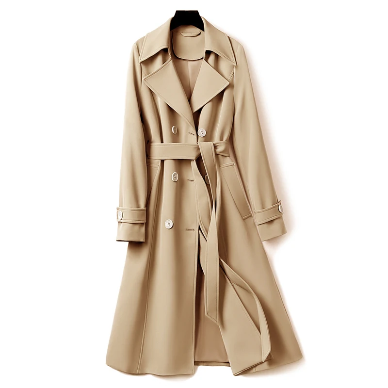 

Элегантный женский тренчкот весна-осень двубортная однотонная Длинная ветровка женское облегающее пальто