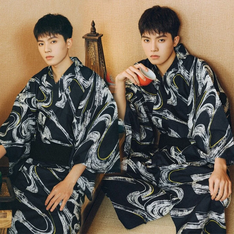 Мужская японская традиционная кимоно халат летний новый юката с поясом домашний наряд винтажный самурайский косплей вечерние платья.