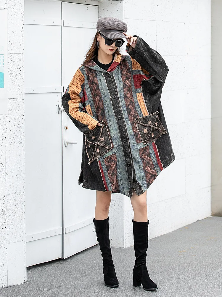 

SuperAen Autumn 2022 New Printed Knitted Stitched Hooded Loose Streetwear Long Cardigan Jacket Coat