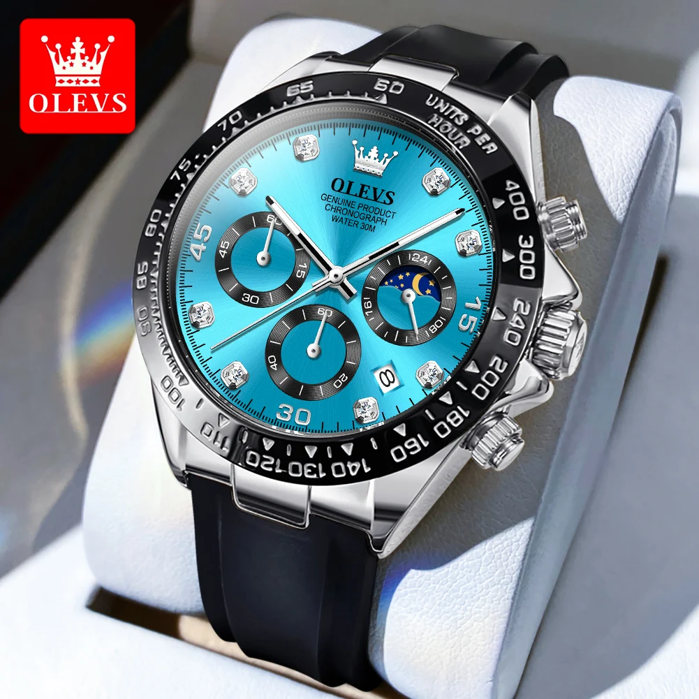 

OLEVS Men's Watches Casual Fashion Original Quartz Watch for Man Waterproof Silicone Strap Luminous Moon Phase Chronograph Date