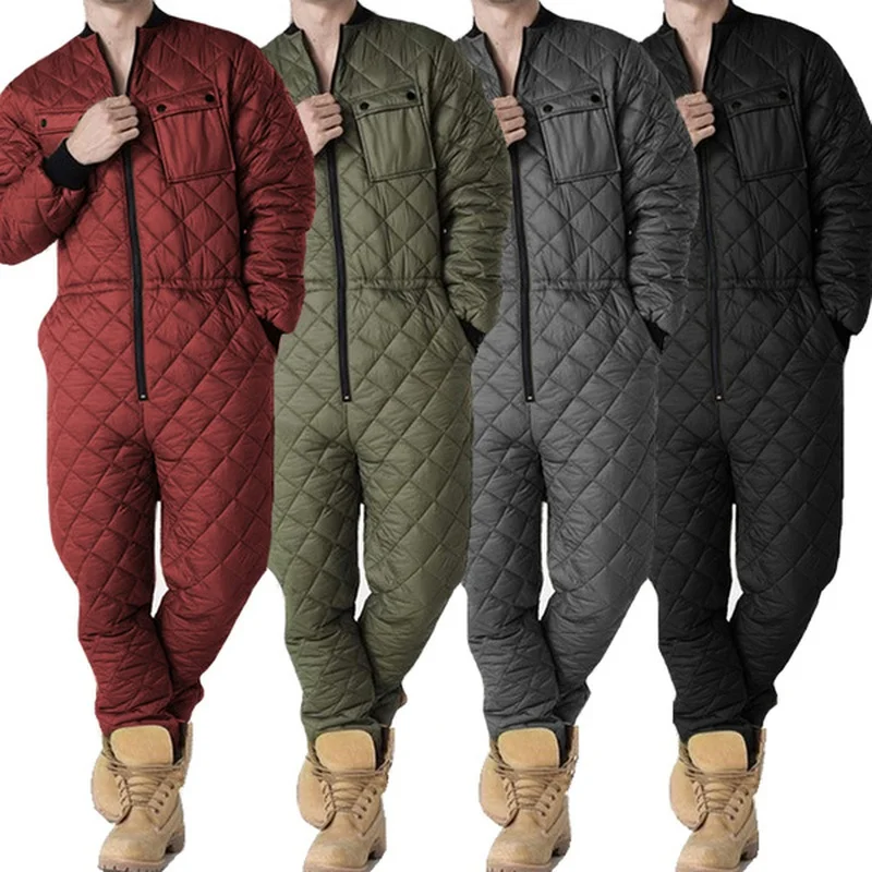 

Men One Pieces Rompers Autumn Warm Lattice Solid Color Zipper Jackets Coats Male Slim Fit Thick Playsuit Fashion Outfits Black