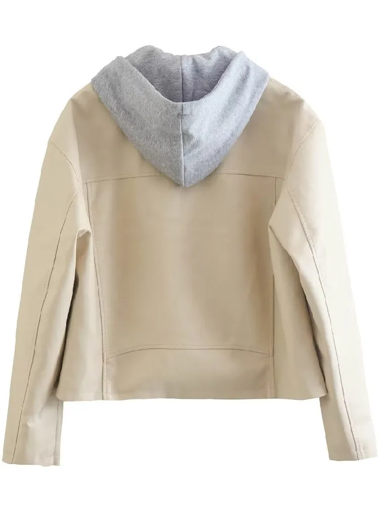 2022 Autumn Removable Hat Hooded Women Faux Leather Jacket Zipper Full Sleeve Pockets Casual Coat Beige Black
