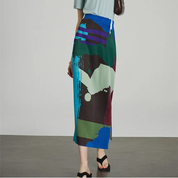 

Miyake pleated printed skirt women's spring new mid-length style pleated skirt long skirt with slits on both sides