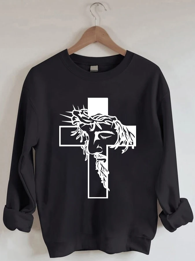 

Cross Jesus Print Casual Loose Crewneck Sweatshirt