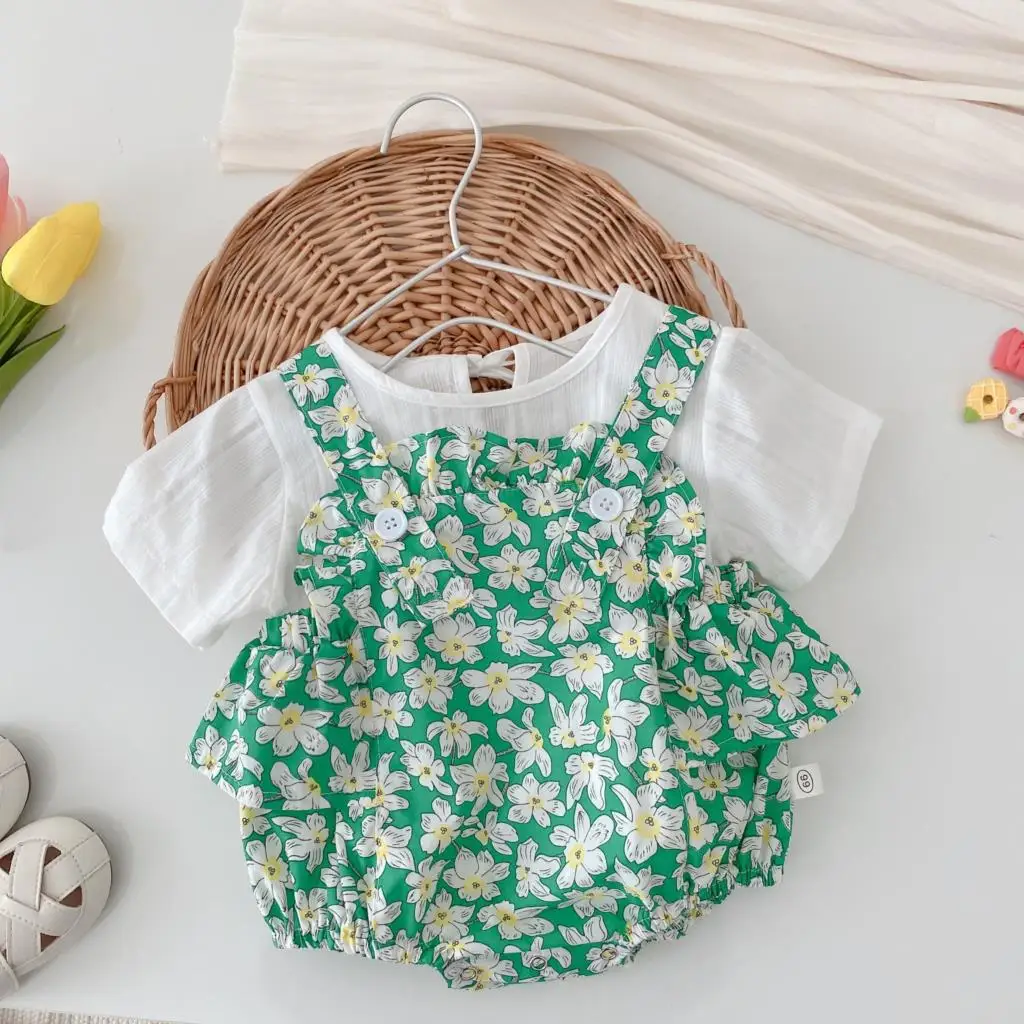 

2022 Summer Baby Clothes New Born Baby Girls Floral Bodysuits Korean Fashion Infant Girls Sleeveless Toddler Overalls Jumpsuit