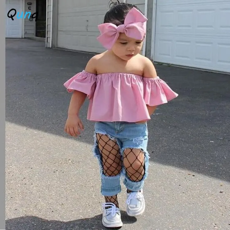 

Qunq 2023 Summer Girl Solid Off-The-Shoulder Sleeve Top + Ripped Jeans And Headband 3 Pieces Set Casual Kids Clothes Age 3T-8T