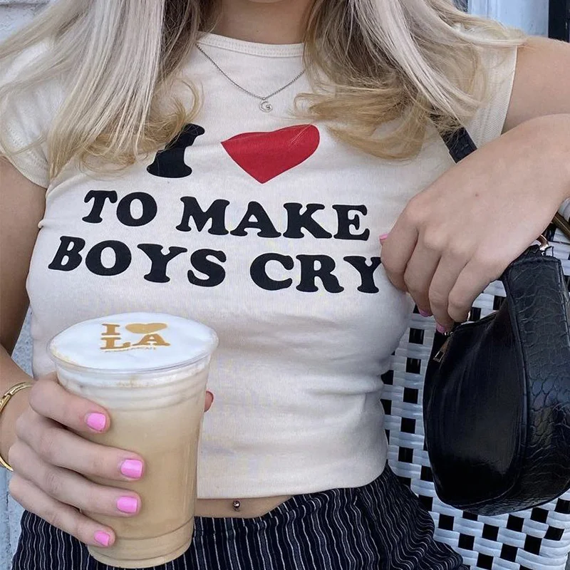 

Милые укороченные топы в стиле Харадзюку, футболка с принтом «Make Boy Cry», женские сексуальные топы с коротким рукавом, летние детские футболки...