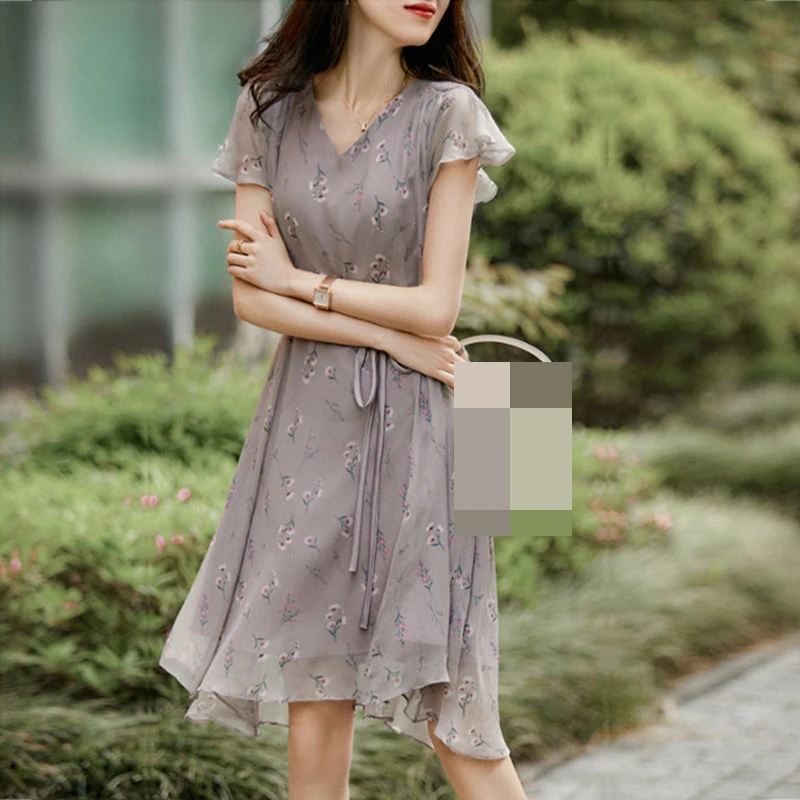 

2022 spring and summer new print fashion V-neck tie waist thin A-line dress female Mid-Calf Square Collar A-LINE