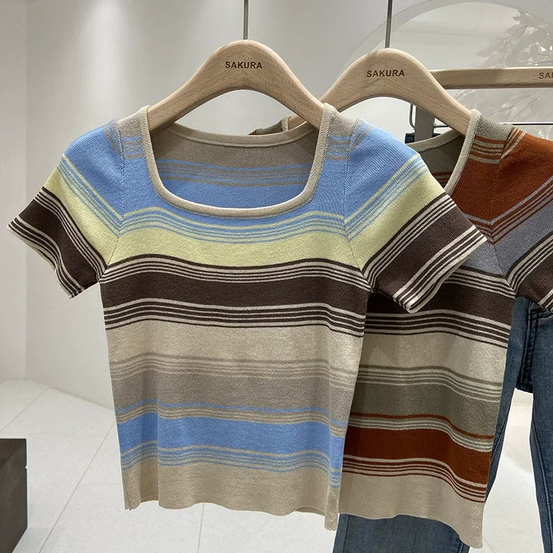

Летняя облегающая футболка, женские винтажные футболки с коротким рукавом, вязаные полосатые эластичные укороченные топы с квадратным вырезом для девочек