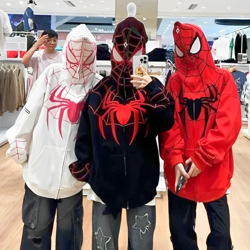 

2023 New Hot Spider Man Hip Hop Hoodie Spider Web Joker Shirt Boys Girls Printed Full Zipper Punk Clothes Loose Couple Coat
