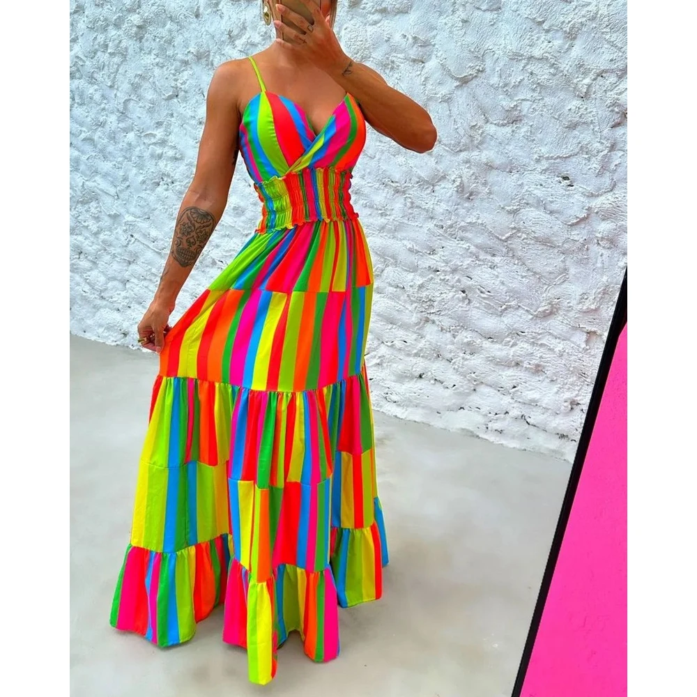 

Sexy Women Colorblock Print Spaghetti Strap Tie Backless Detail Maxi Dress Summer Casual Shirring Waist Dresses Elegant Outfits