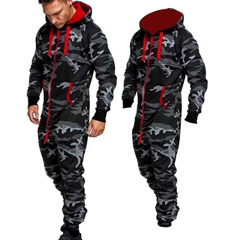 2022 Men's Jumpsuit Hooded Plush Jumpsuit Home Clothing Camouflage Printing Personalized Leisure Suit