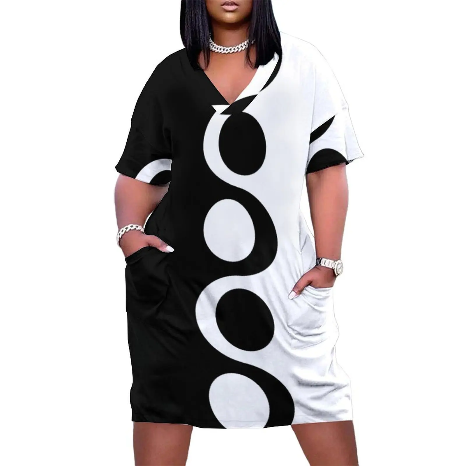 Черно-белое модное свободное платье с карманами женское винтажное длинное