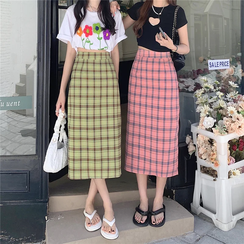 

JMPRS High-waisted Plaid Skirt Women Summer 2022 New Slim Slit One-step Skirt Female Korean Fashion Mid Length Skirt Faldas