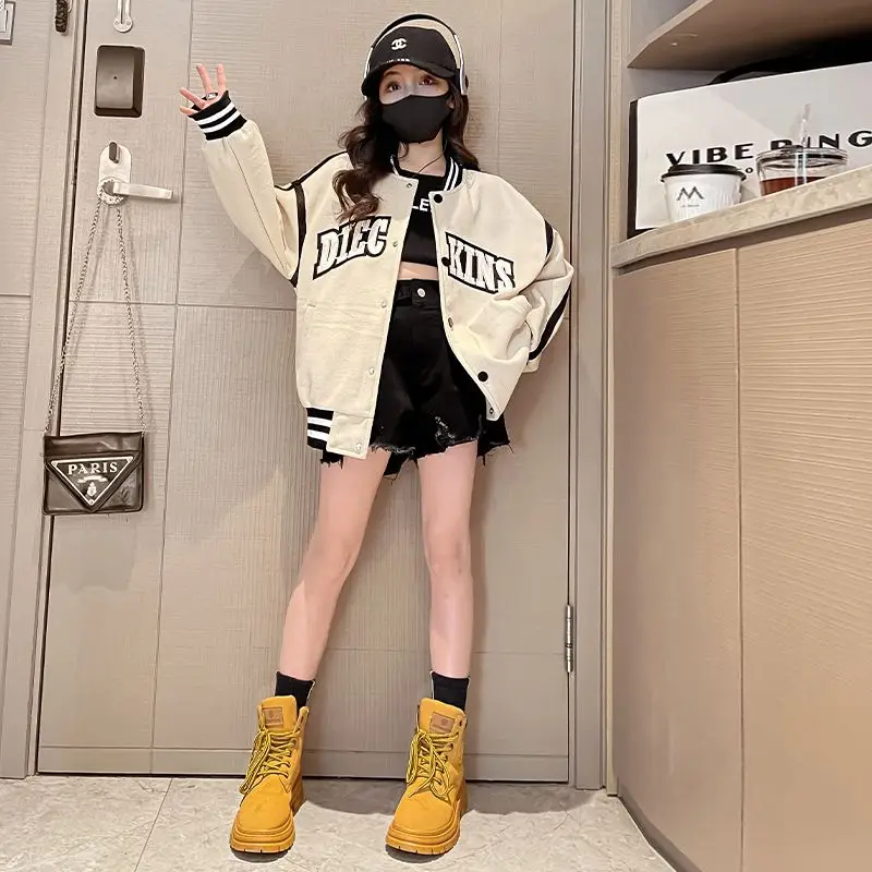 

Детское баскетбольное пальто с буквенным принтом на спиралевидных манжетах в стиле пэчворк для девочек 5-16 лет, весна-осень 2023