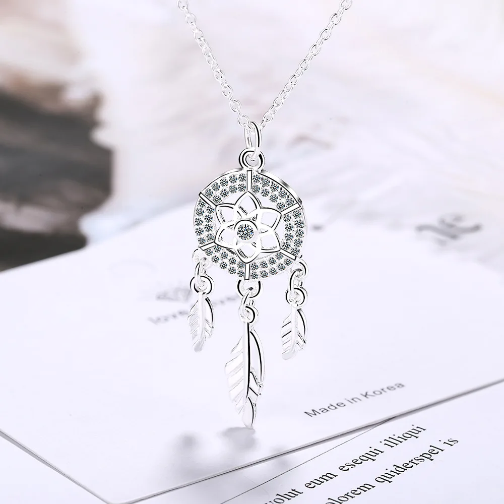 

VENTFILLE 925 Stamp Silver Color Dream Catcher Necklace For Women Girl Fashion Zircon Flower Leaf Jewelry Birthday Gift Dropship