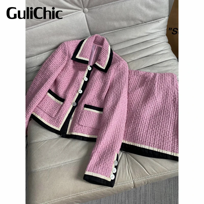 

Женский винтажный Роскошный Розовый твидовый пиджак или мини-юбка GuliChic 9,16