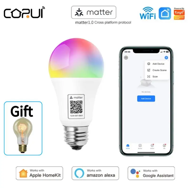 

CORUI Matter Homekit WiFI A19 Smart Dimmable Bulb RGB CW Smart LED Light Smart Life APP Support Siri Google Home Alexa Assistant