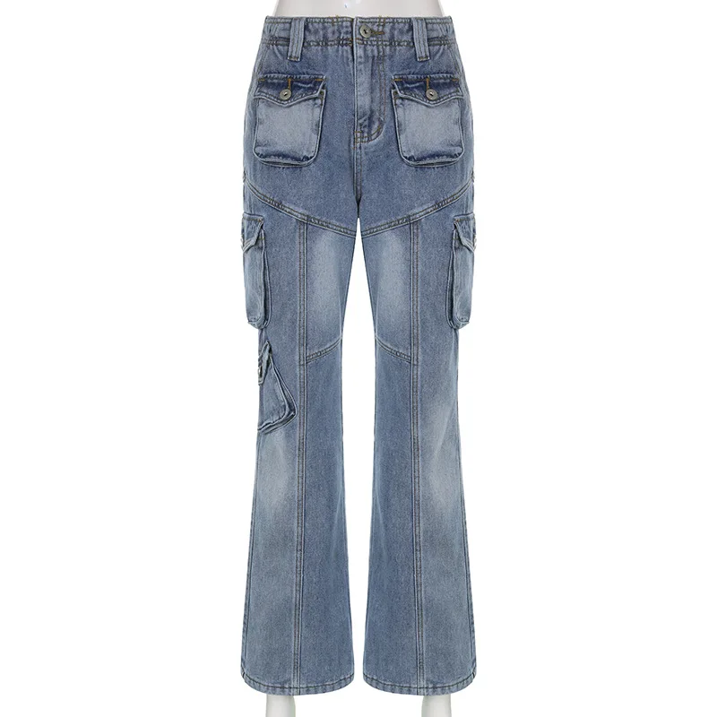 INS Street Washed Old Symmetrical Pocket Denim Trousers Fashion Straight High Waist Loose Workwear Wide Leg Pants Women's