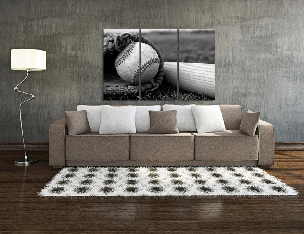Бейсбольные и перчатки 3 шт. плакаты декор для комнаты черно-белый Принт холст