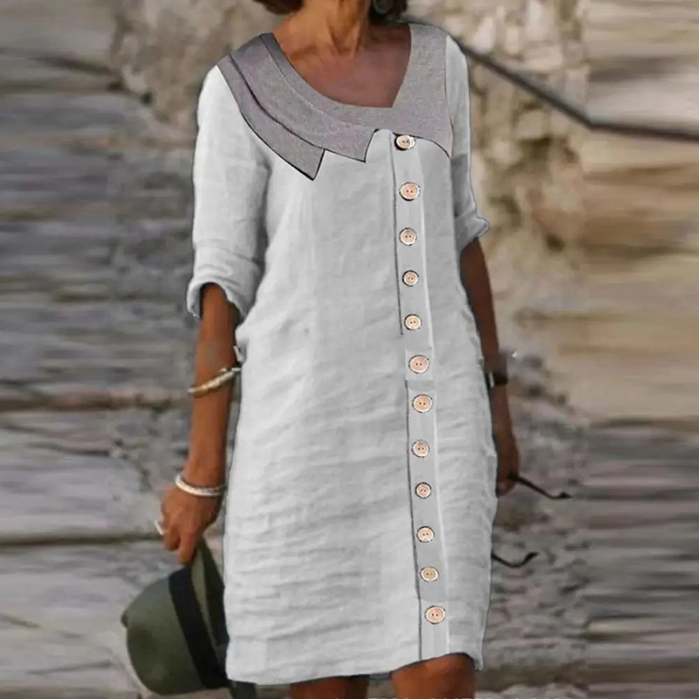 

Платье женское с цветными вставками, стильное пляжное Вечернее свободное платье с ярким пэчворком, с отложным воротником и V-образным вырезом, подходит для отдыха и вечеринок, на лето