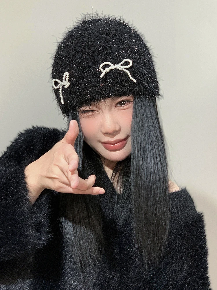 Плюшевая шапочка с жемчужными бантами детская осенне-зимняя универсальная